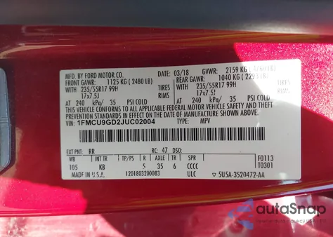 2018 Ford Escape Se из США, поврежденный, VIN 1FMCU9GD2JUC02004